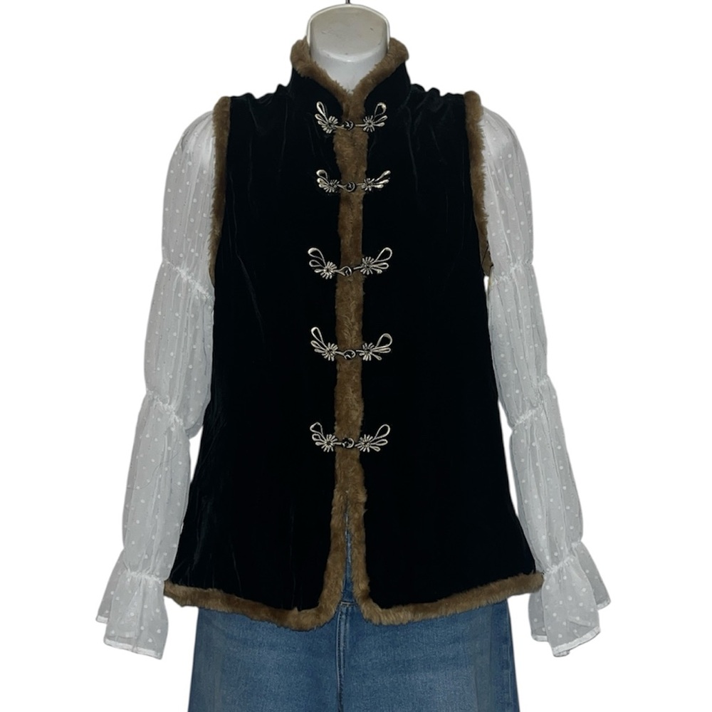 Faux Fur Trim Black Velvet Cardigan Funnel Neck Vest Toggle Closures Sz M